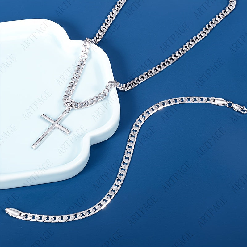 Collier Pendentif Croix Homme en Argent 925 avec Bracelet