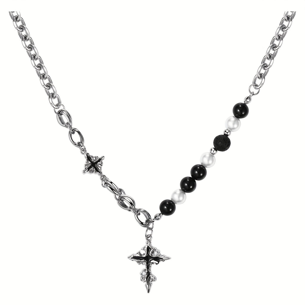 Collier Pendentif Croix en Obsidienne Noire Ajustable Unisexe