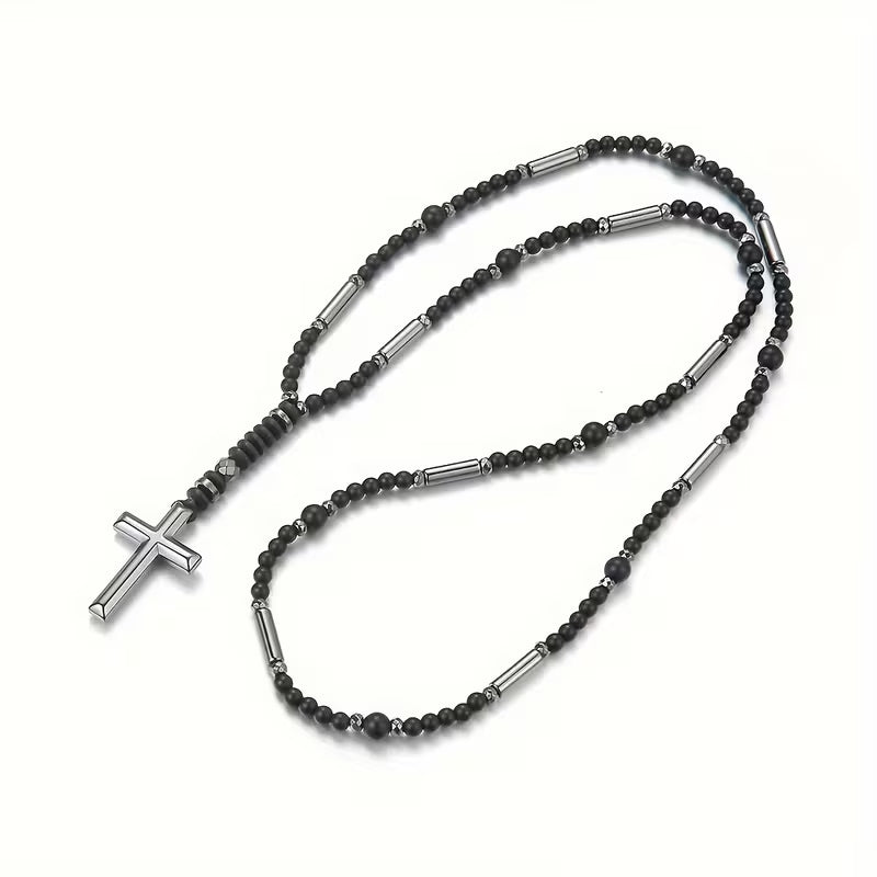 Collier Pendentif Croix en Perles Noires 4 mm pour Homme