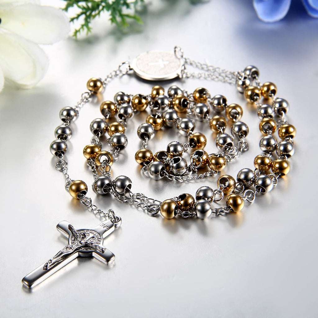 Collier Chapelet Croix Marie et Jésus en Acier Inoxydable 75 cm
