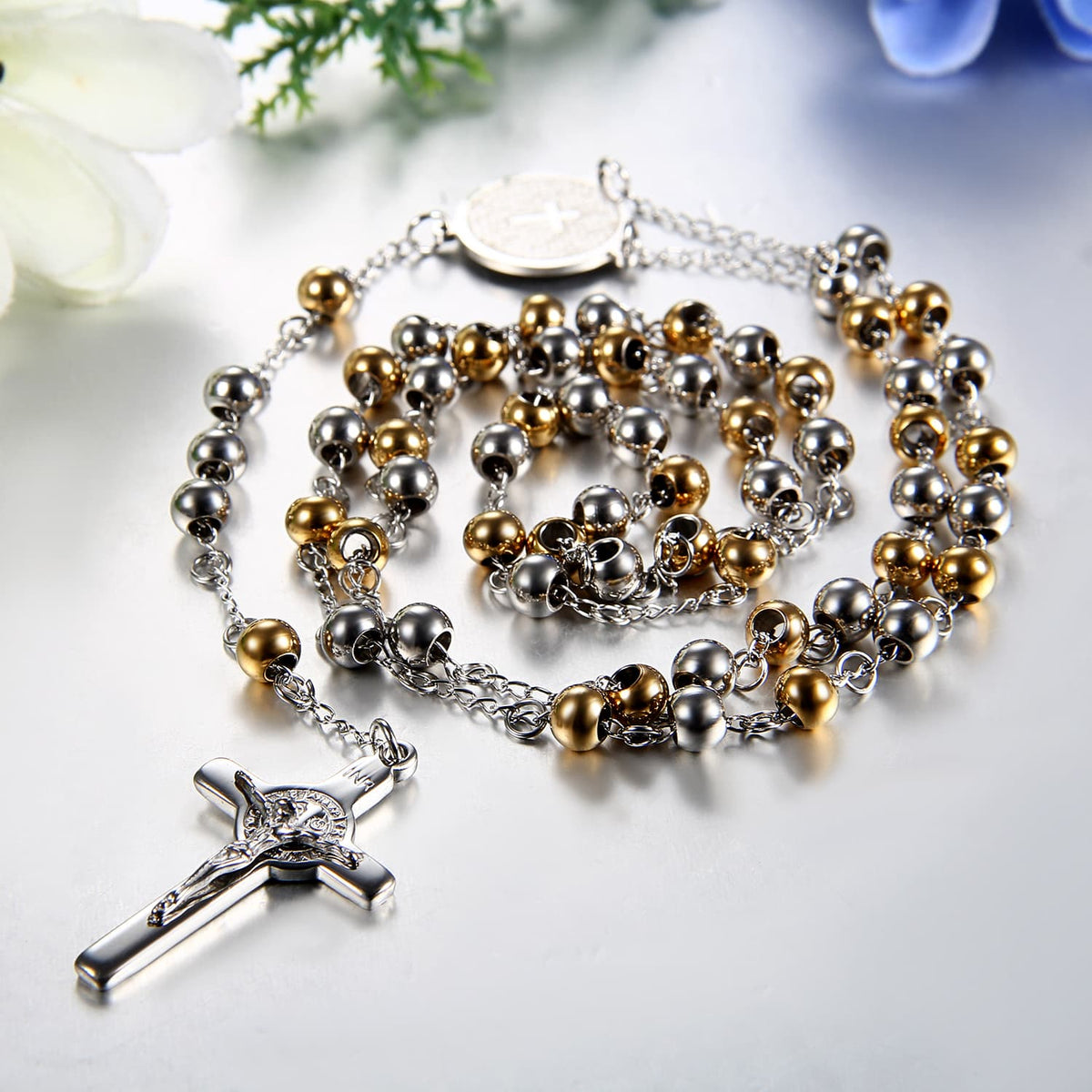 Collier Chapelet Croix Marie et Jésus en Acier Inoxydable 75 cm