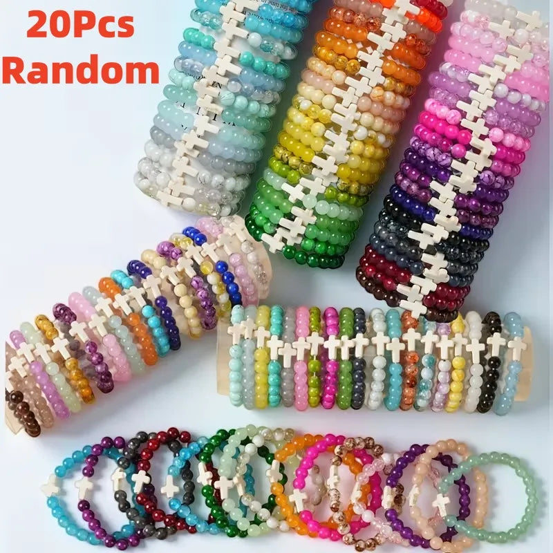 Lot de 20 Bracelets Chapelet Croix en Perles de Verre Unisexe