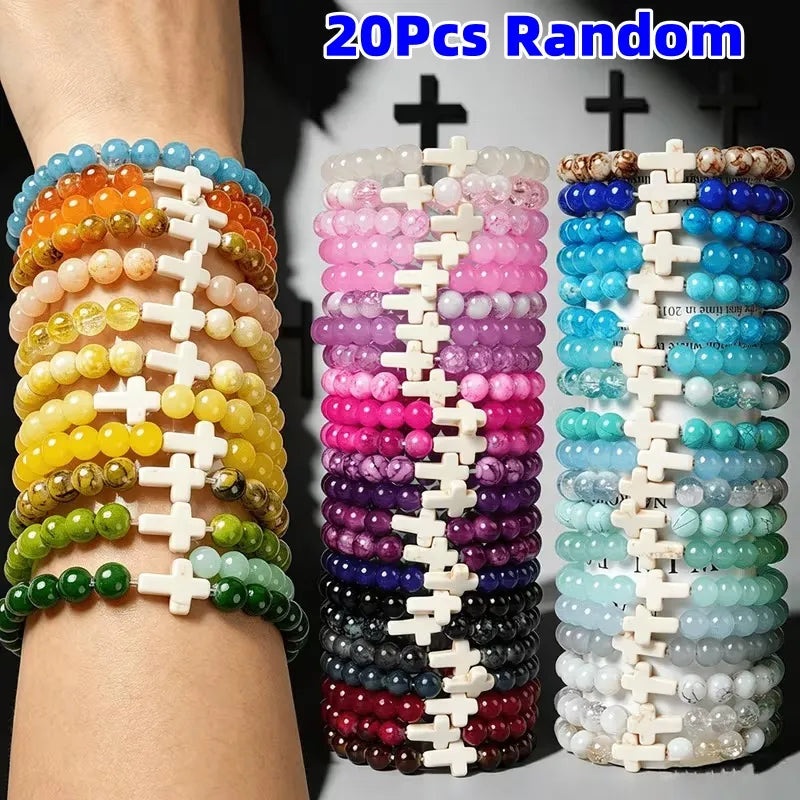 Lot de 20 Bracelets Chapelet Croix en Perles de Verre Unisexe