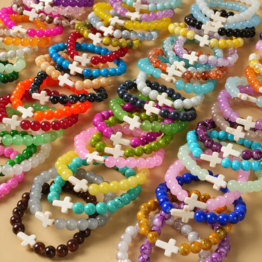 Lot de 20 Bracelets Chapelet Croix en Perles de Verre Unisexe