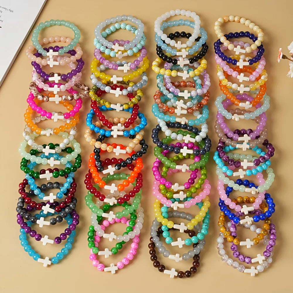 Lot de 20 Bracelets Chapelet Croix en Perles de Verre Unisexe