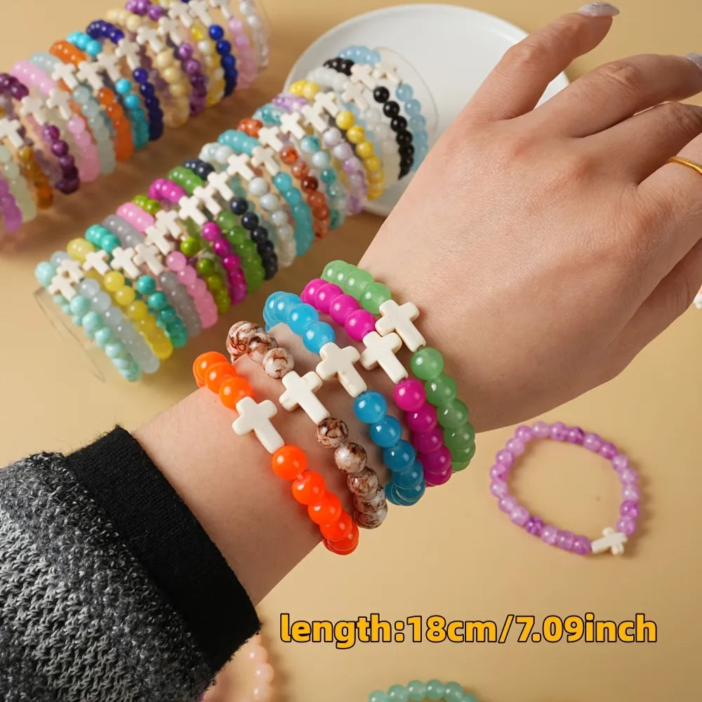Lot de 20 Bracelets Chapelet Croix en Perles de Verre Unisexe